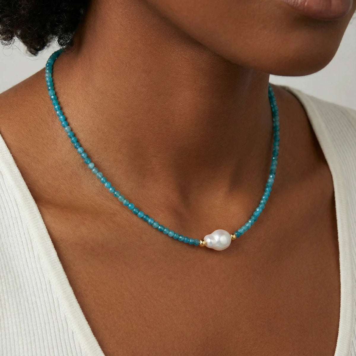 Blue apatite beaded necklace with a single freshwater pearl in the centre