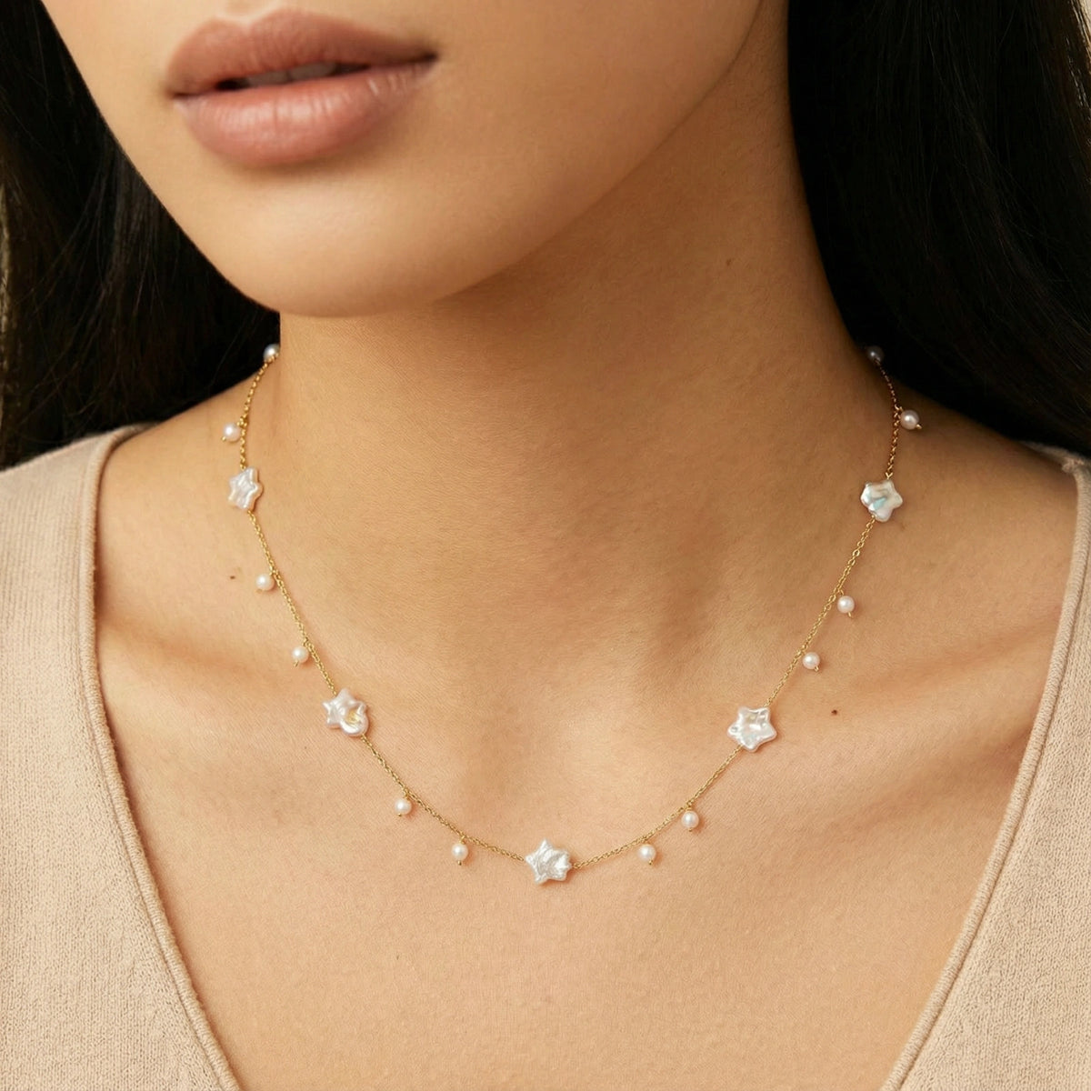 Vermeil chain with star-shaped baroque pearls and small round freshwater pearl drops