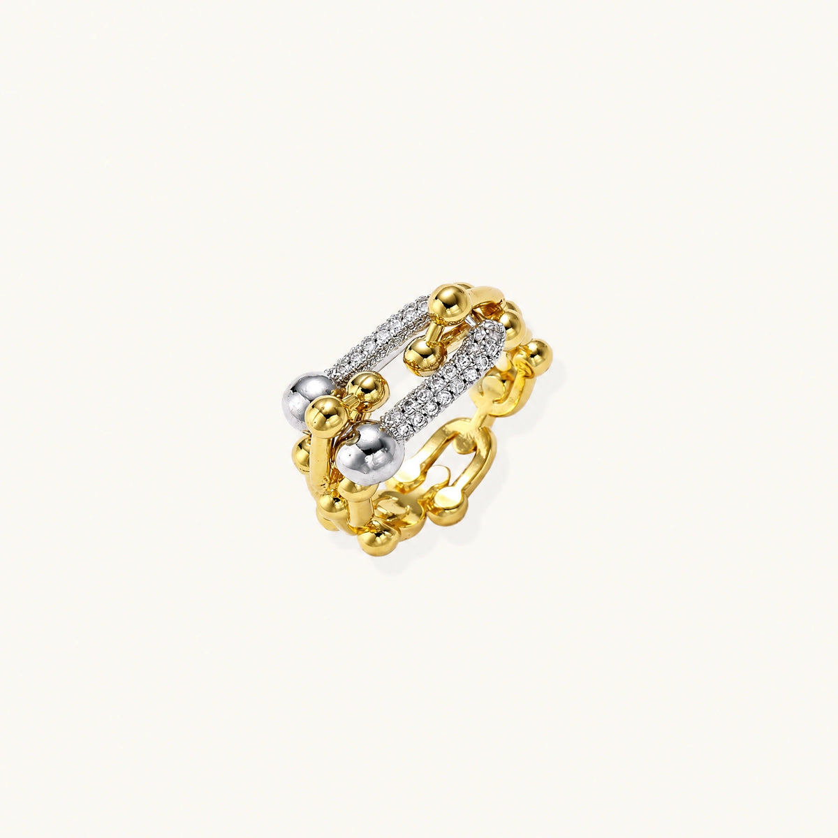 Chain Link Power Ring: polished spheres and sparkling cubic zirconia across three joined bands