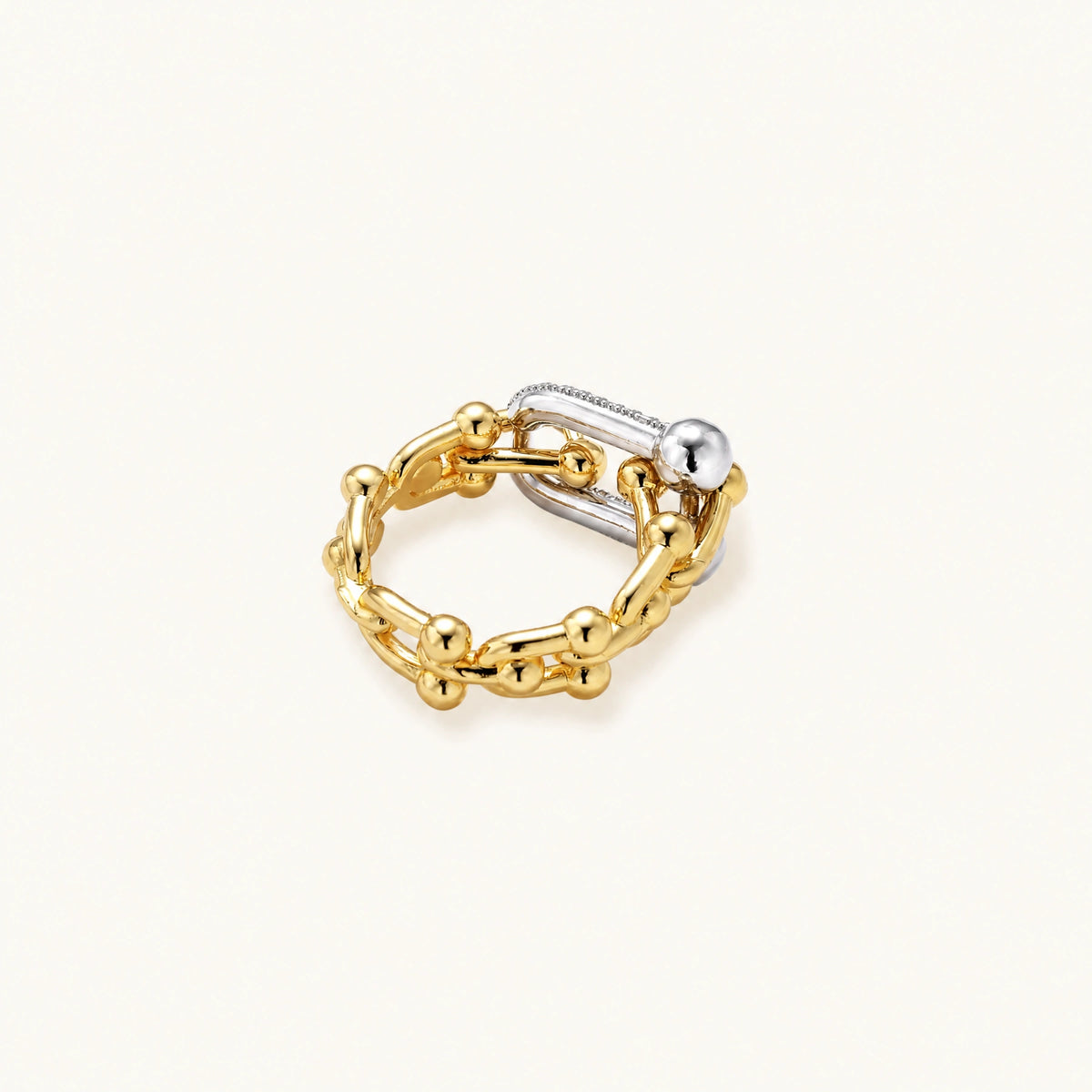 Chain Link Power Ring: polished spheres and sparkling cubic zirconia across three joined bands