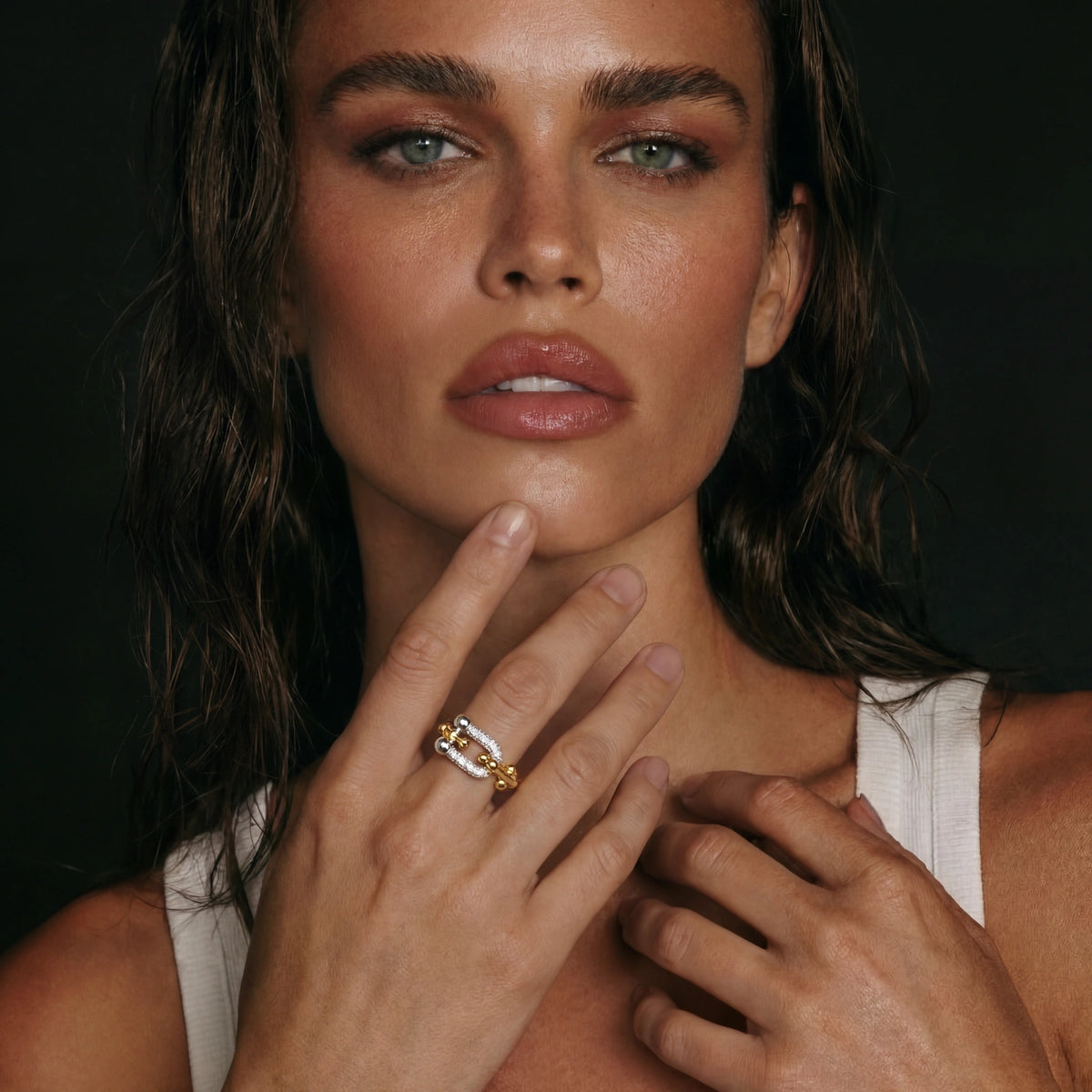Chain Link Power Ring: polished spheres and sparkling cubic zirconia across three joined bands