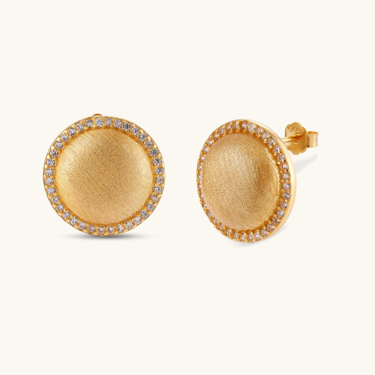 Brushed Dome CZ Halo Earrings: A brushed dome surrounded by a full halo of cubic zirconia