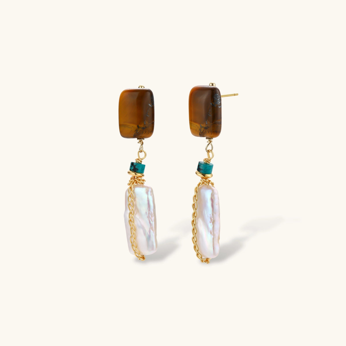 Amber Baroque Pearl Drops: Long drops with amber-toned stones and baroque pearls